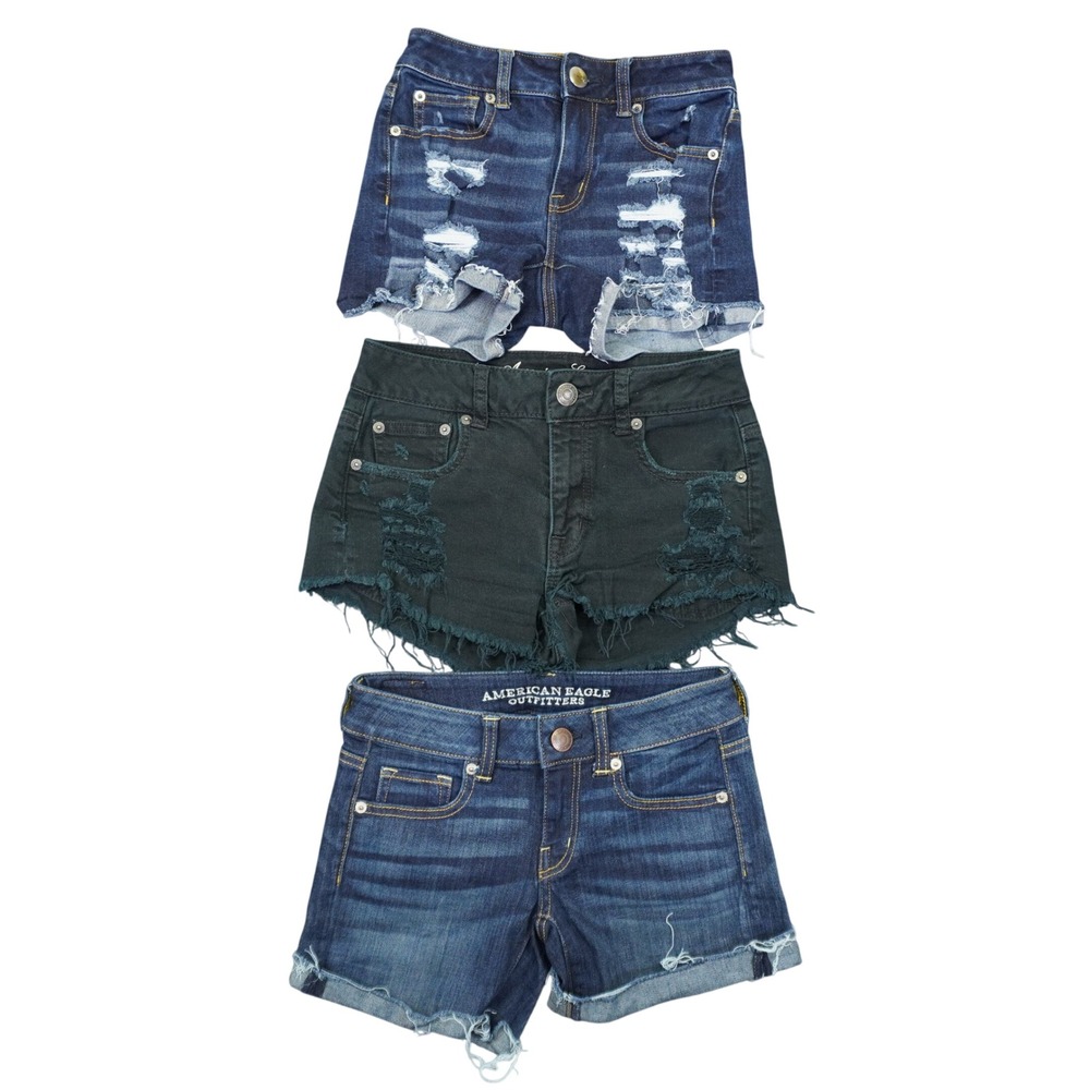 American Eagle Denim Shorts Women‎ 00 Blue Black Distressed Hi-Rise Bundle Boho